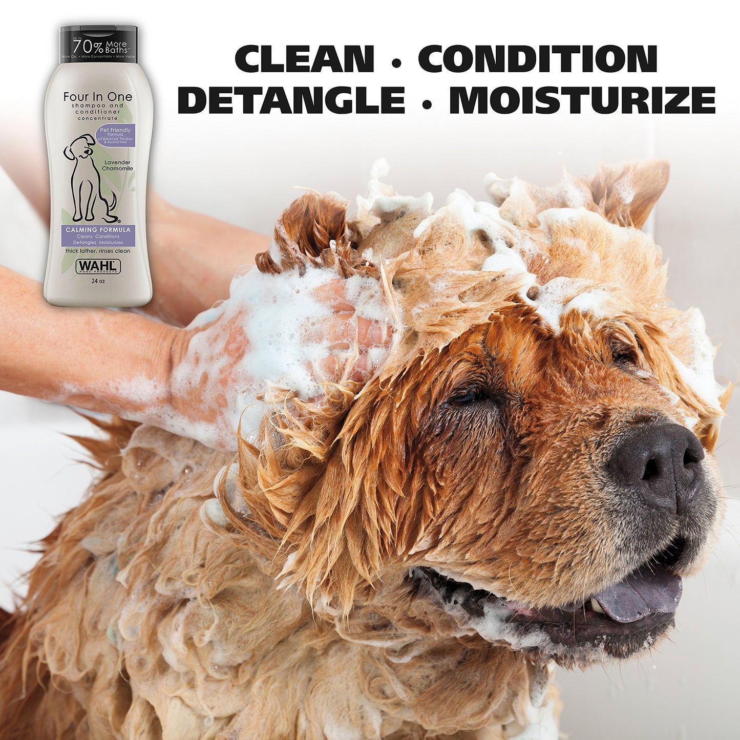 Wahl USA 4-in-1 Calming Pet Shampoo for Dogs – Cleans, Conditions, Detangles, & Moisturizes with Lavender Chamomile - Pet Friendly Formula - 24 Oz - Model 820000A