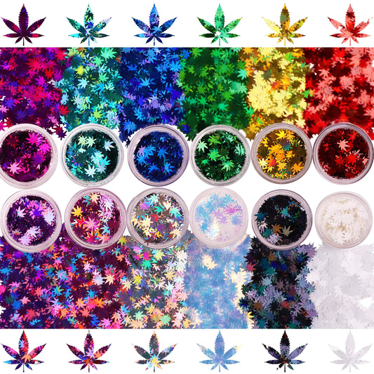 12 Pack - Metallic Rainbow Holographic Leaf Glitter - Solvent Resistant & Cosmetic Grade - Face Body Nails Resin Arts & Crafts, Tumblers, Bath Bombs, Resin - Weed Pot Marijuana Leaf