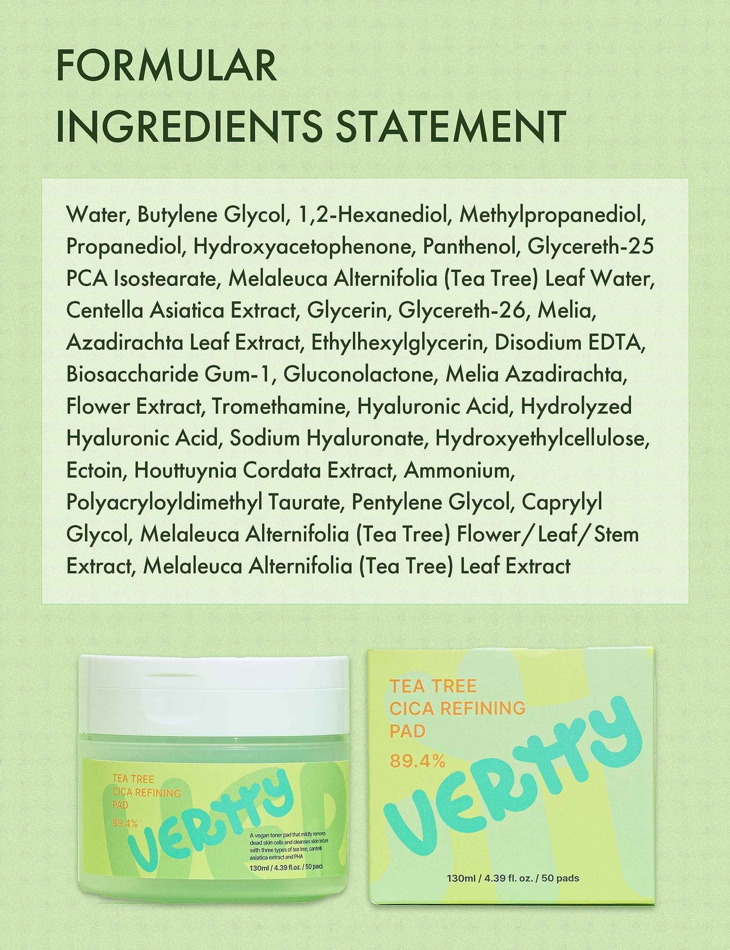 Vertty Tea Tree Cica Toner Pad | Exfoliating, Hydrating, Redness Relief Toner Pad for face | 100% Vegan Cotton Pad | Long-lasting Hydration | All Skin Types | Teens & Kids Skin Care (50 Count, 4.4oz)