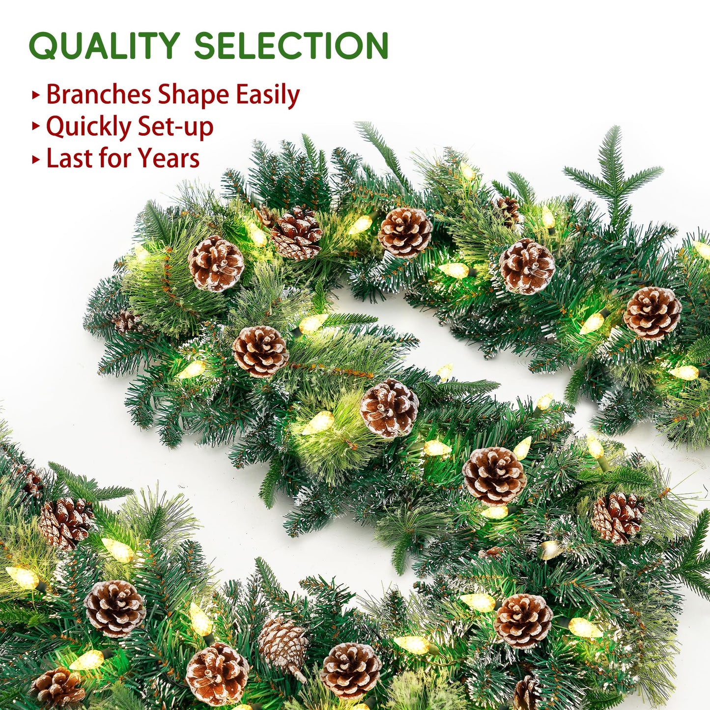 Pacstow 9 Ft Christmas Garland, Artificial Pine Cypress Greenery Garland, 50 C6 LED Pre-Lit Warm Lights, Battery Operated with 8 Lighting Modes,Mantle, Front Door, Stairs Railing Christmas Decorations