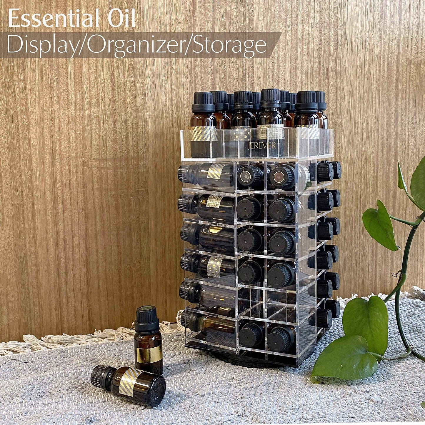 JEREVER Essential Oil Storage Rack Rotating Tower Organizer Acrylic Clear Display Holder for 64 bottles 5ml 10ml 15ml (Bottles not Included)