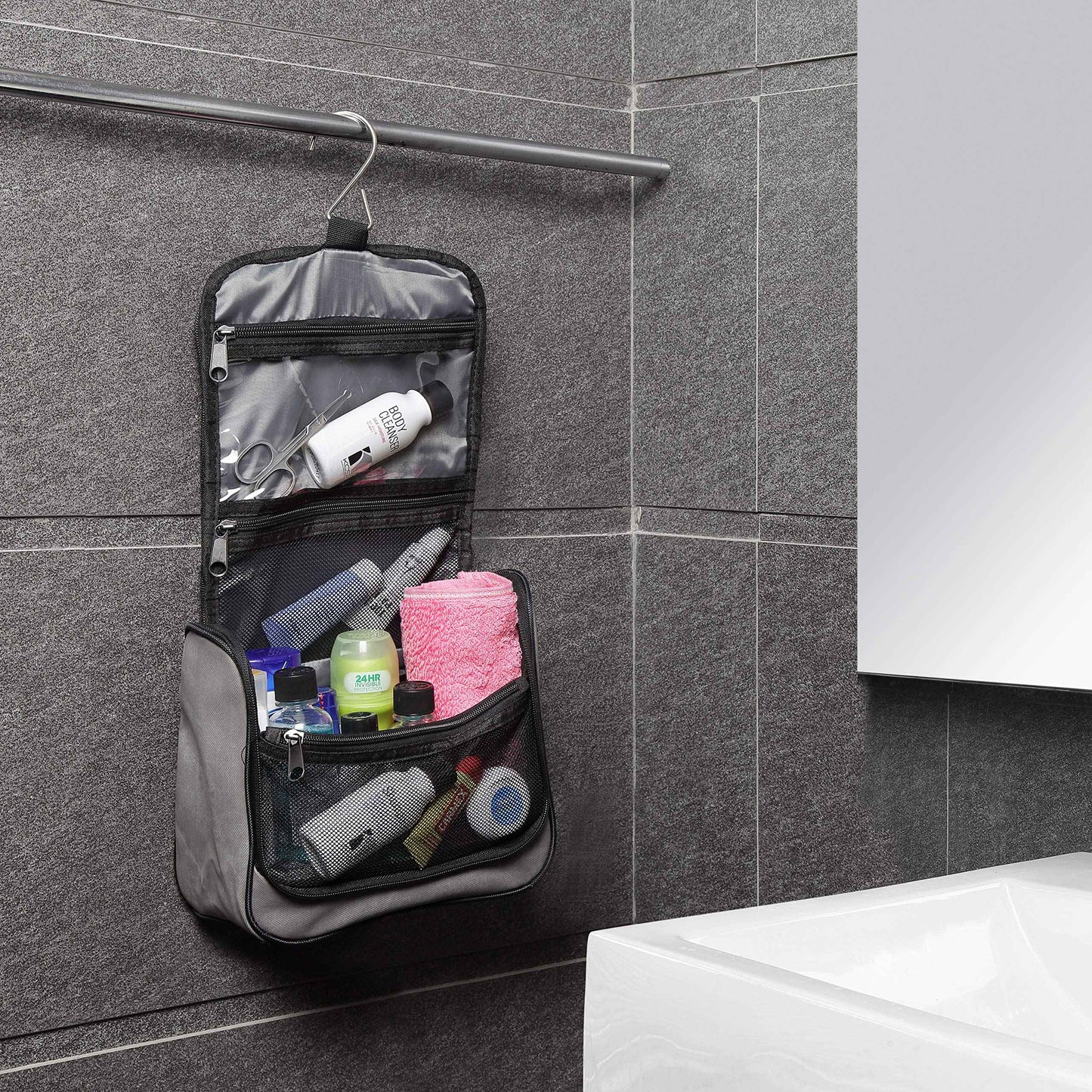 Lewis N. Clark Brushed Twill Hanging Toiletry Kit Bag for Travel Accessories, Shampoo, Cosmetics + Personal Items, Gray