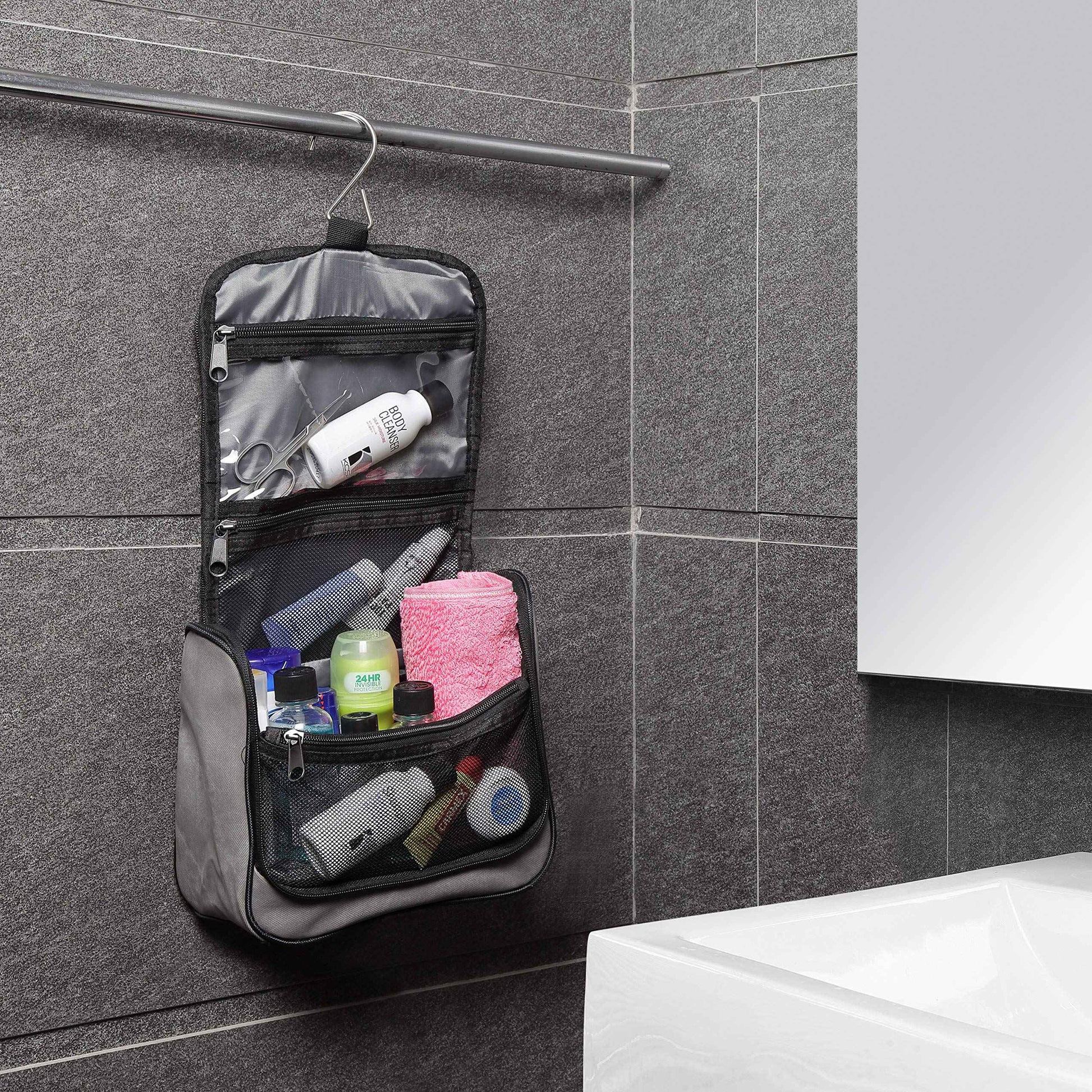 Lewis N. Clark Brushed Twill Hanging Toiletry Kit Bag for Travel Accessories, Shampoo, Cosmetics + Personal Items, Gray