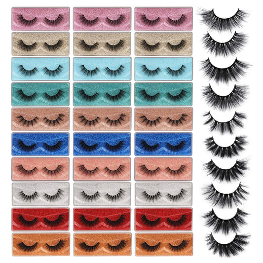 3D Faux Mink Lashes Wholesale Lashes Bulk 30 Pairs False Eyelashes Wispy 18mm Natural 10 Styles Mixed Soft Reusable Fake Eyelashes Pack with Glitter Portable Boxes