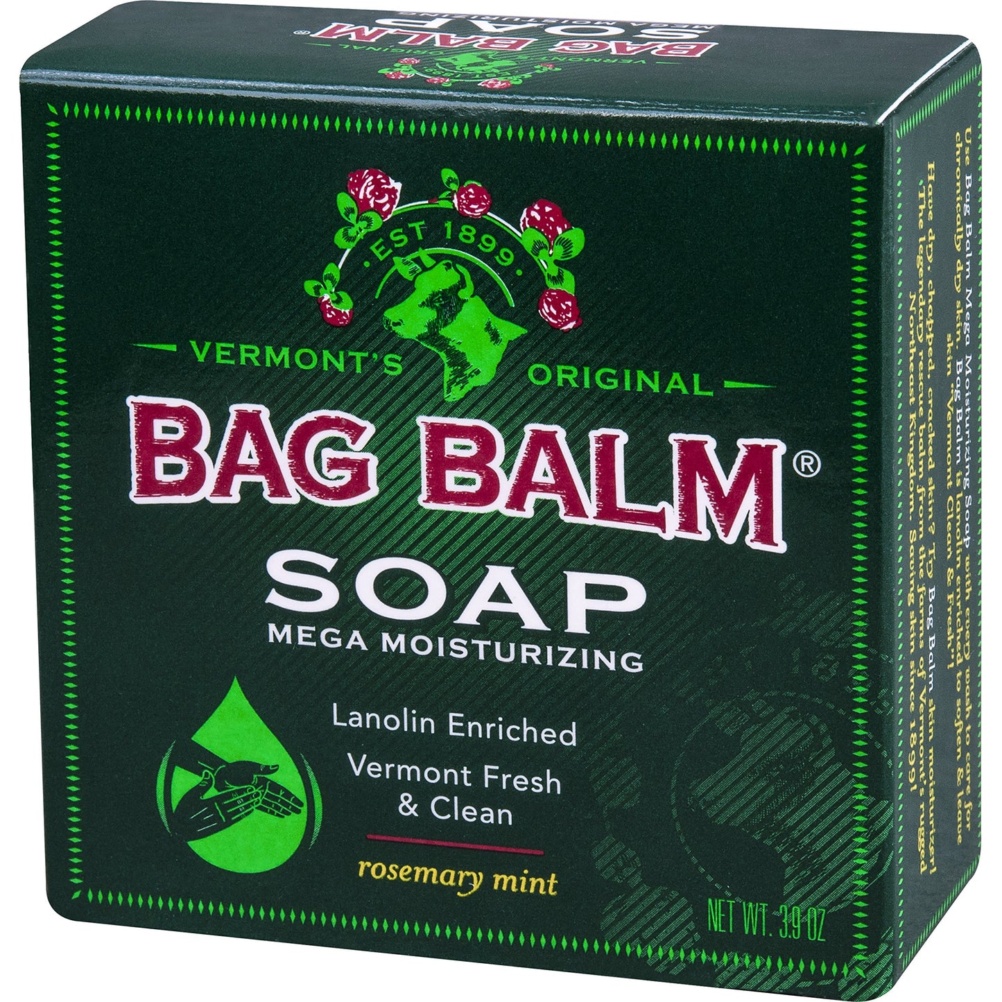 Vermont's Original Bag Balm Mega Moisturizing Soap, Lanolin Enriched Rosemary Mint Scented Moisturizing Soap, Great for Daily Use to Care for Dry Skin, 3.9 Ounce (Pack of 12)