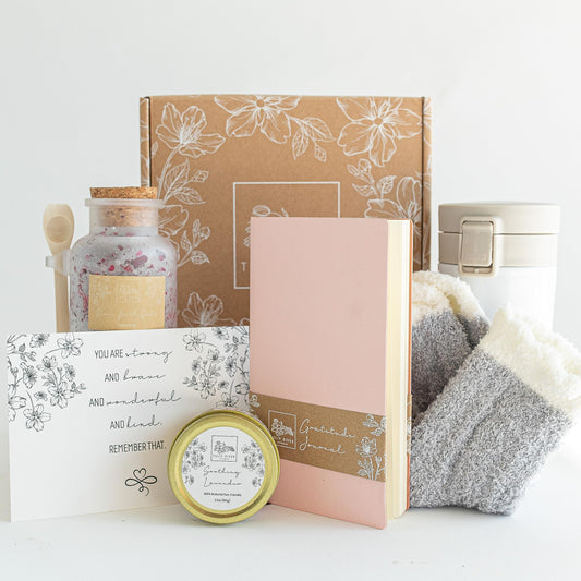 TULIP RIVER STUDIO Self Care Gifts for Women - Gratitude Journal, Coffee Mug, Candle, Socks, Bath Salt, and Inspirational Card