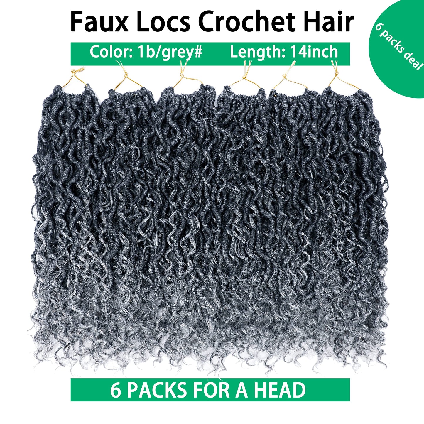 Faux Locs Crochet Hair 14 Inch Goddess Locs Ombre Grey Crochet Hair for Women 6 Packs Gray Soft River Locs Curly Pre Looped Braids with Curly Ends Boho Hippie Locs Synthetic Hair Extensions, 1b/grey