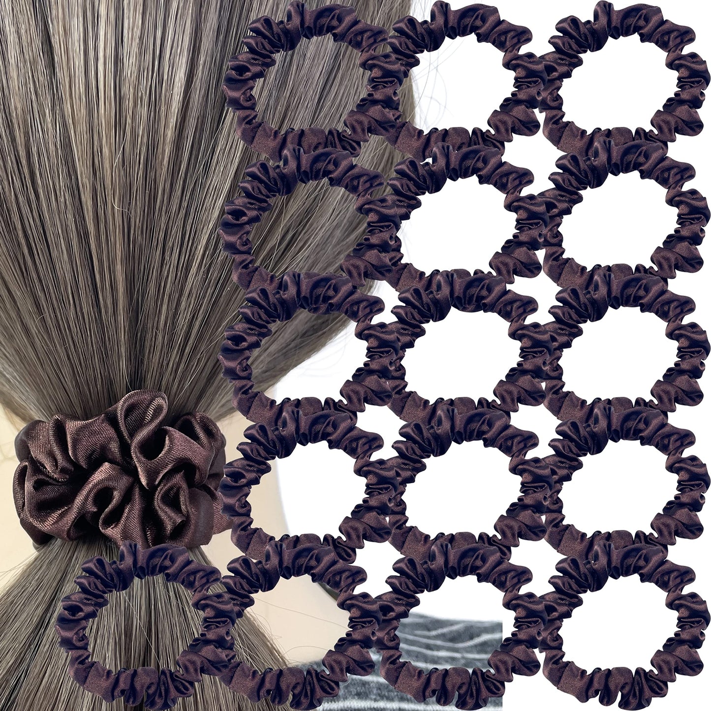 Firecolor Chic 17 PCS Satin Hair Ties Skinny Silk Scrunchies Soft Fancy Scrunchy Fashion Hair Elastics Bands Cute Ponytail Holders Hair Accessories Women Girls No Damage (Dark Chocolate)