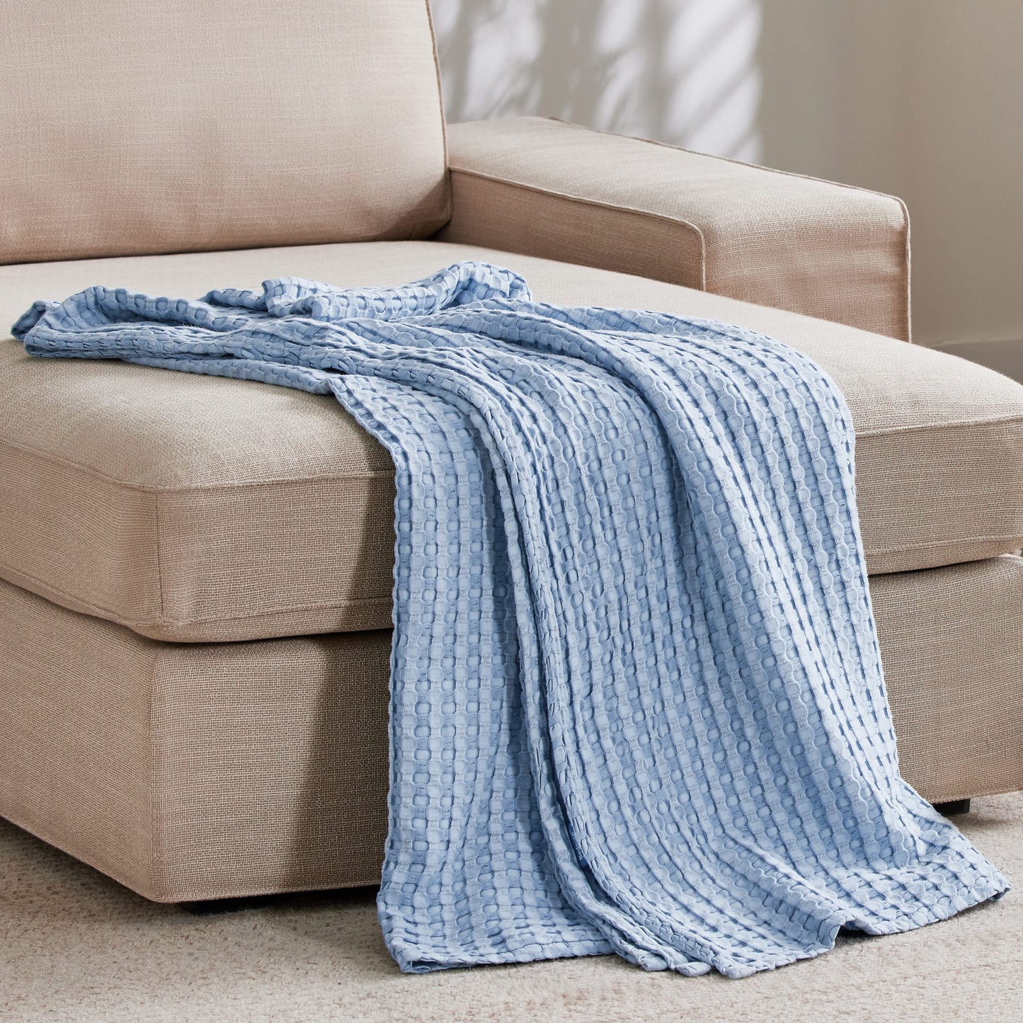 Bedsure Cooling Cotton Waffle Weave Blanket - Lightweight Breathable Blanket of Rayon Derived from Bamboo for Hot Sleepers, Luxury Throws for Bed, Couch and Sofa, Sky Blue, 50x70 Inches