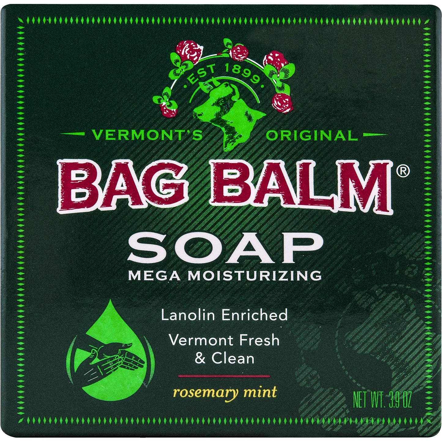 Vermont's Original Bag Balm Mega Moisturizing Soap, Lanolin Enriched Rosemary Mint Scented Moisturizing Soap, Great for Daily Use to Care for Dry Skin, 3.9 Ounce (Pack of 12)