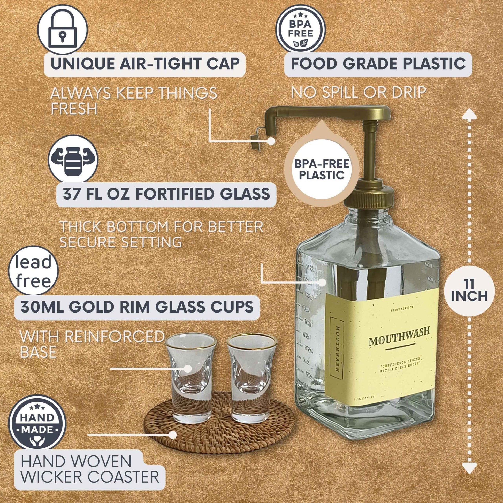 eBun Goldengleam Glass Mouthwash Dispenser (Gold Plastic Pump) 37oz Mouthwash Pump Dispenser, Mouth Wash Holder with Rinse Cup, Mouth Wash Glass Bottle, Decanter, Large Bottle for Bathroom Set