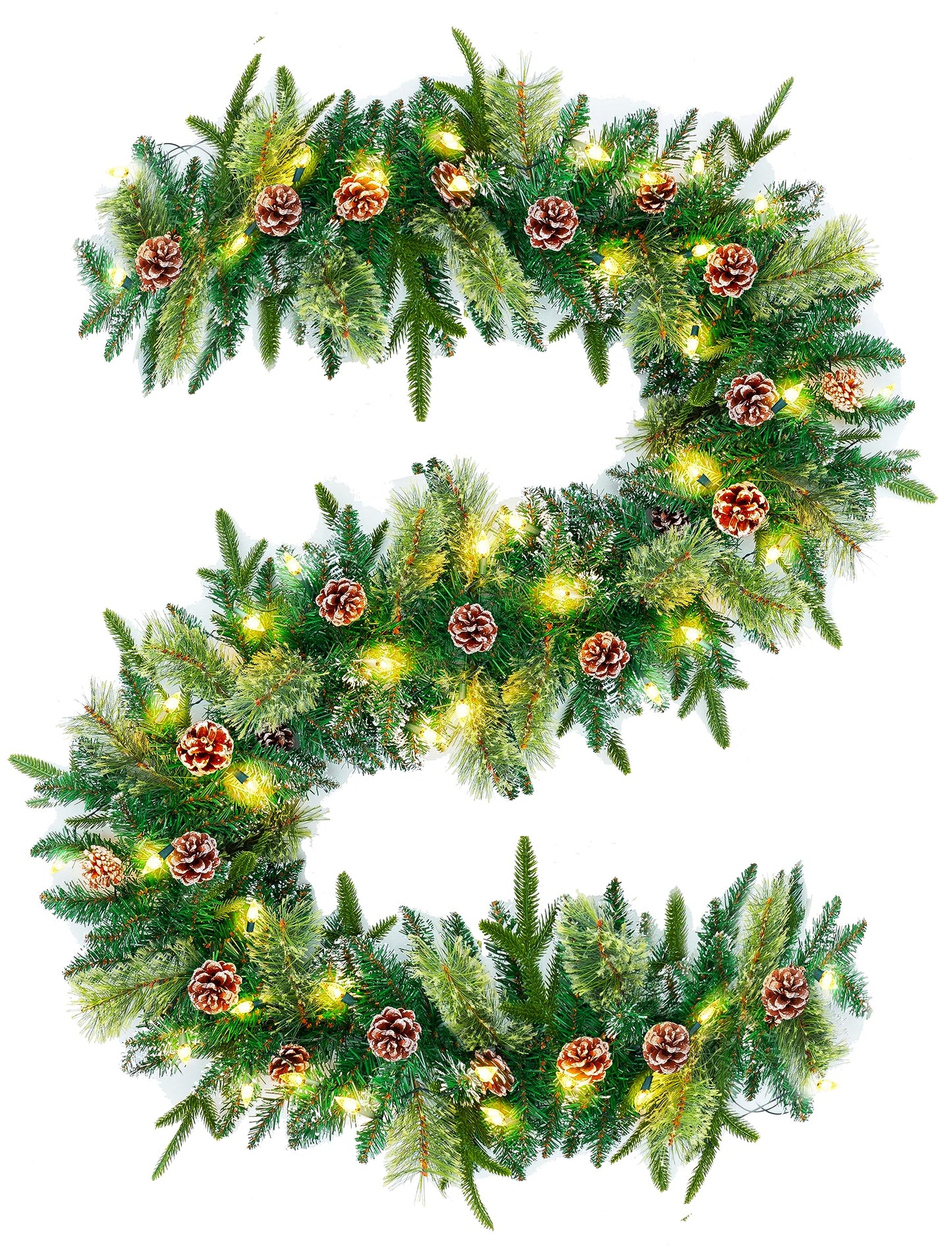 Pacstow 9 Ft Christmas Garland, Artificial Pine Cypress Greenery Garland, 50 C6 LED Pre-Lit Warm Lights, Battery Operated with 8 Lighting Modes,Mantle, Front Door, Stairs Railing Christmas Decorations