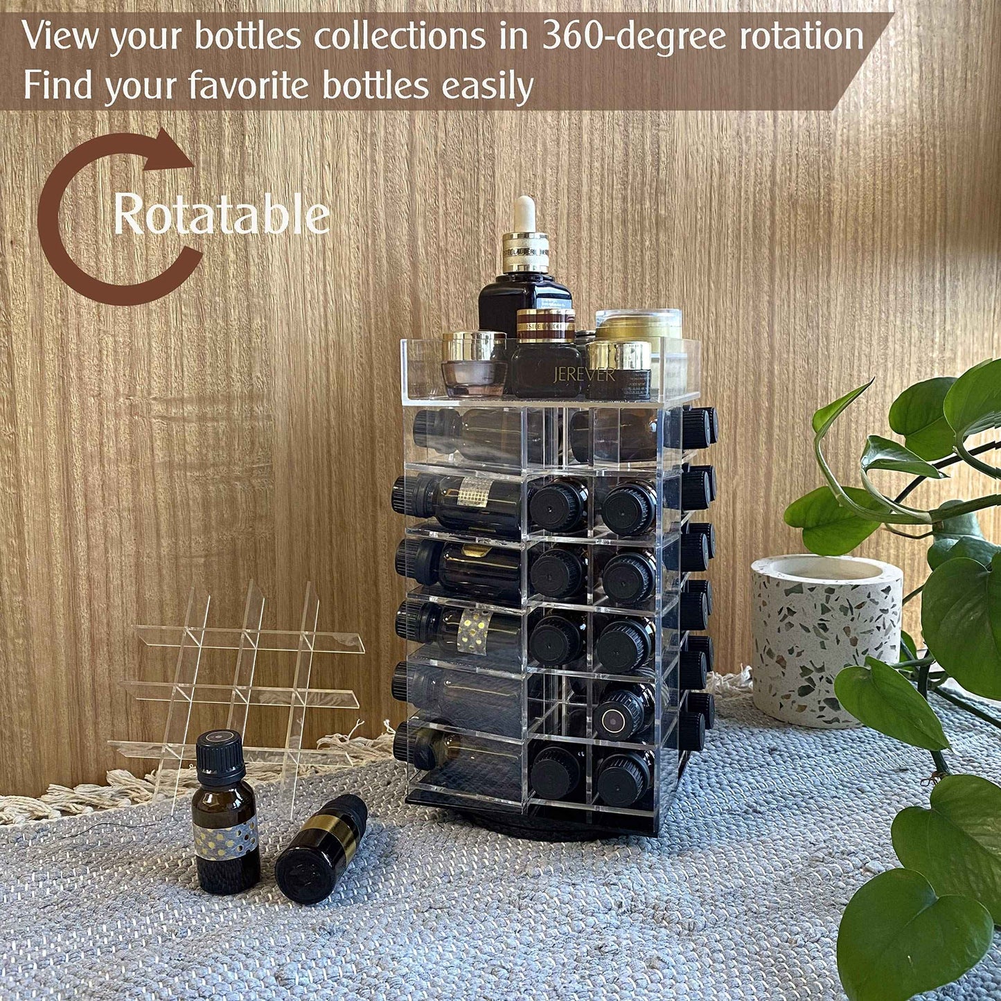 JEREVER Essential Oil Storage Rack Rotating Tower Organizer Acrylic Clear Display Holder for 64 bottles 5ml 10ml 15ml (Bottles not Included)