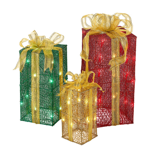 National Tree Company lit Artificial Christmas Décor 3-Piece Set Includes Pre-Strung White Mini Lights Sisal Gift Boxes