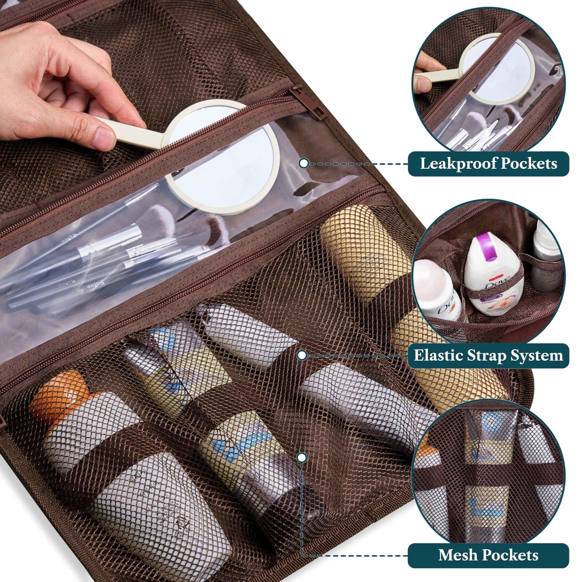 PAVILIA Hanging Toiletry Bag Men Women, Travel Kit Foldable Large Toiletries Organizer, Roll up Cosmetics Makeup Bag Accessories, Waterproof Essentials Dopp Case (Brown)